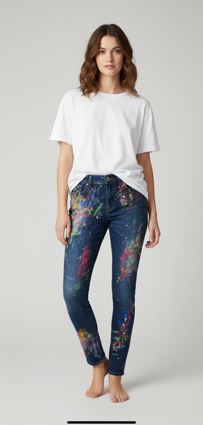 Hand-Painted Paint Splattered Jeans- One-of-a-kind by OKM Designs, repurposed, women's gift, her-gift, statement denim, made-to-order.
