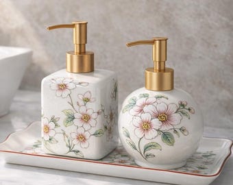 Dispensador de jabón de cerámica con lirio de los valles / Accesorio de baño / Regalo para inauguración de casa / Botella para fregadero de cocina