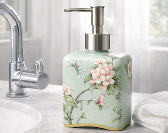 Ceramic Soap Dispenser Floral Design | Bathroom Pump Bottle | Kitchen Sink Decor | Housewarming Gift