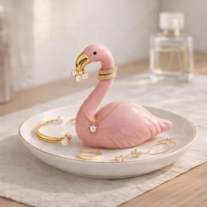 Porta-joias Flamingo Rosa, Prato de Cerâmica para Anéis, Bandeja Organizadora de Anéis, Decoração para Toucador, Presente para Ela | Opção Personalizada