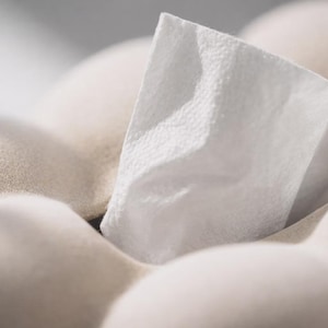 Puede incluir: Primer plano de un pa&ntilde;uelo blanco que sale de una caja de pa&ntilde;uelos beige. El pa&ntilde;uelo est&aacute; doblado y texturizado, contrastando con la forma suave y redondeada de la caja. La imagen destaca el dise&ntilde;o sencillo y la funcionalidad del producto.
