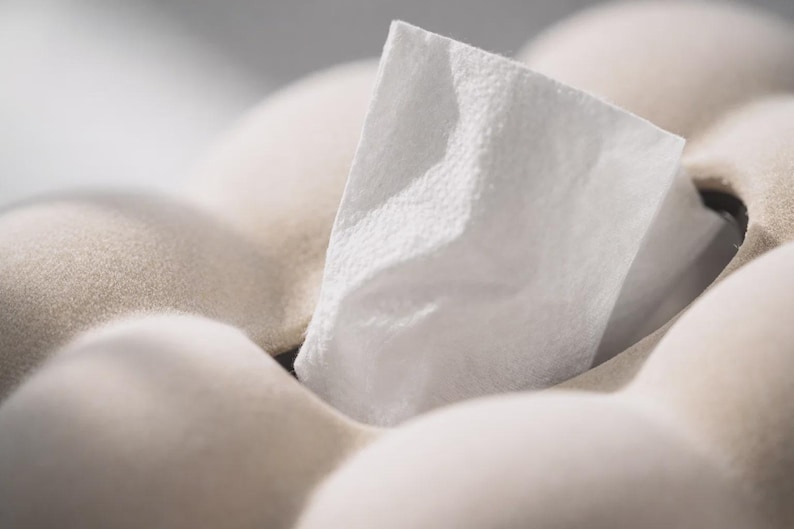 Puede incluir: Primer plano de un pa&ntilde;uelo blanco que sale de una caja de pa&ntilde;uelos beige. El pa&ntilde;uelo est&aacute; doblado y texturizado, contrastando con la forma suave y redondeada de la caja. La imagen destaca el dise&ntilde;o sencillo y la funcionalidad del producto.