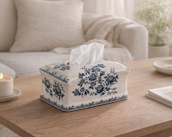 Funda para caja de pañuelos de cerámica con estampado floral azul, soporte para pañuelos de porcelana estilo vintage / Opción personalizada