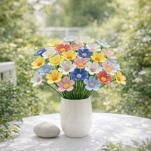 Può includere: Un bouquet di fiori di margherita in ceramica colorati in un vaso bianco. I fiori sono in vari colori, tra cui giallo, rosa, blu e bianco. Una pietra liscia e grigia è sul tavolo di fronte al vaso. Lo sfondo è una scena all'aperto sfocata.