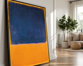 May include: A large rectangular canvas painting framed in black, featuring a bold composition of a deep navy blue block occupying the upper portion, set against a vibrant, solid orange field that fills the lower section of the artwork.