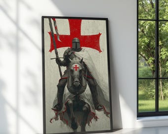 Templar Knight on Horseback Canvas Art, Historic Red Cross Warrior Decor