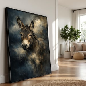 May include: A framed canvas art print depicting a donkey. The painting shows a detailed donkey with a brown and grey coat, set against a dark, textured background. The donkey is facing forward, with its ears perked up.