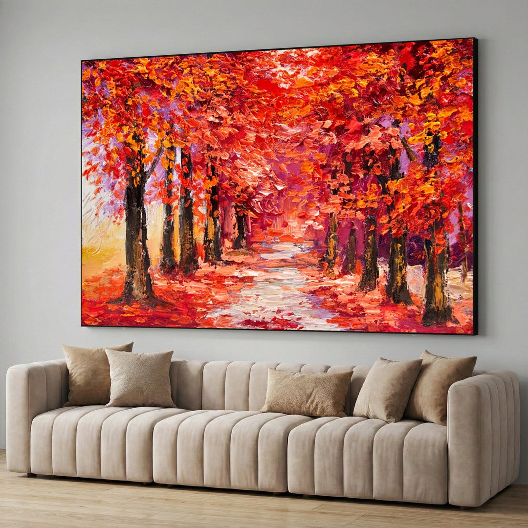 Vibrant Autumn Forest Pathway Canvas, Red Orange Trees Wall Art ...