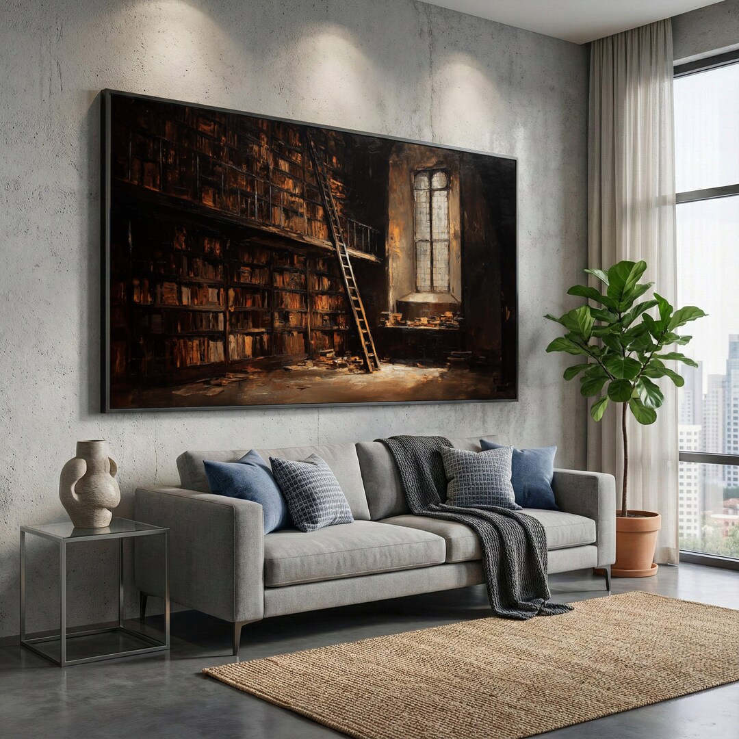 Vintage Library Bookshelf Canvas Print, Rustic Reading Room Wall Art - Etsy
