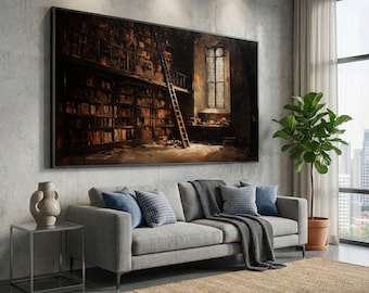 Vintage Library Bookshelf Canvas Print, Rustic Reading Room Wall Art