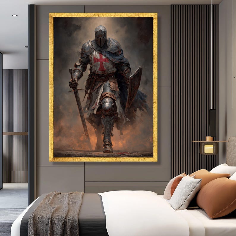 Medieval Knight Templar Canvas, Crusader Armor Wall Art, Historical Warrior Decoration, Medieval Battle Scene Canvas, Ready to Hang Wall Art image 2