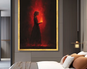 Lienzo de mujer mística, retrato de llama roja, arte mural de fantasía oscura