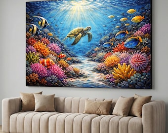 ハワイのホヌウミガメの絵画、鮮やかなサンゴ礁のアートプリント、水中