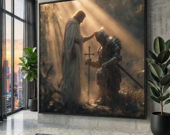 Knight and Savior Scene Canvas, Medieval Christian Wall Art