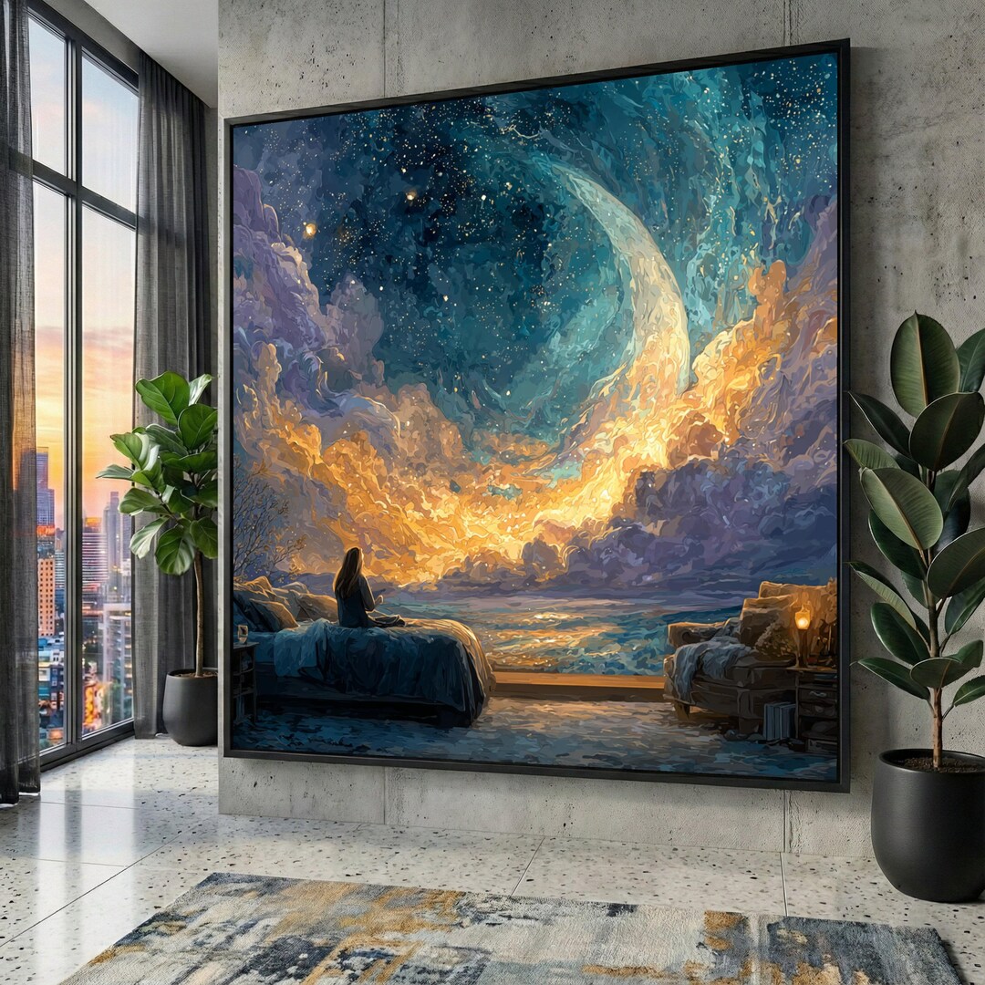 Crescent Moon Canvas Print, Dreamy Night Sky Wall Art - Etsy