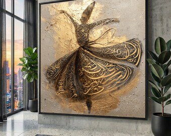 May include: A framed artwork depicts a whirling dervish in a flowing robe. The figure is rendered in gold and black, with intricate calligraphy patterns. The background features textured gold and gray tones.