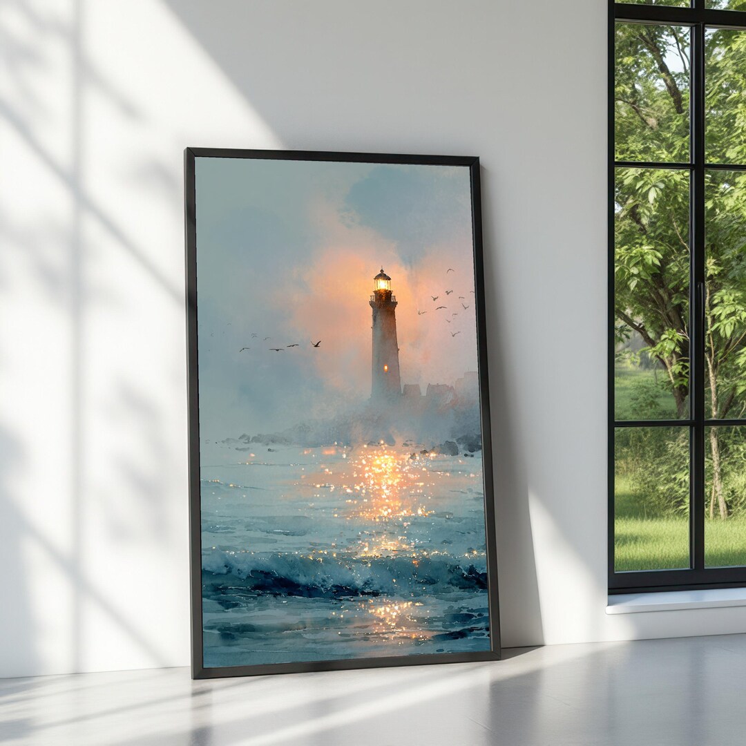 Illuminated Lighthouse Sunset Canvas Print, Coastal Seascape Wall Art ...