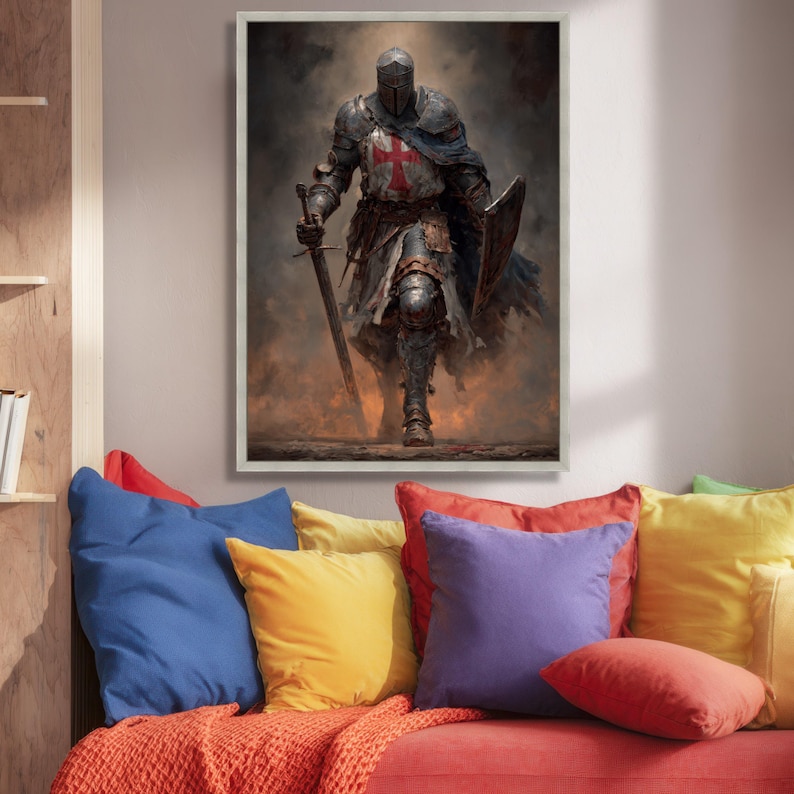 Medieval Knight Templar Canvas, Crusader Armor Wall Art, Historical Warrior Decoration, Medieval Battle Scene Canvas, Ready to Hang Wall Art image 4