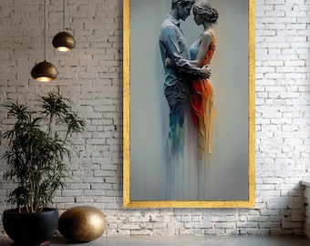 May include: A framed artwork depicts a couple embracing, rendered in a blend of blues, reds, and yellows. The figures are set against a light gray background, framed by a gold border. The artwork hangs on a white brick wall.