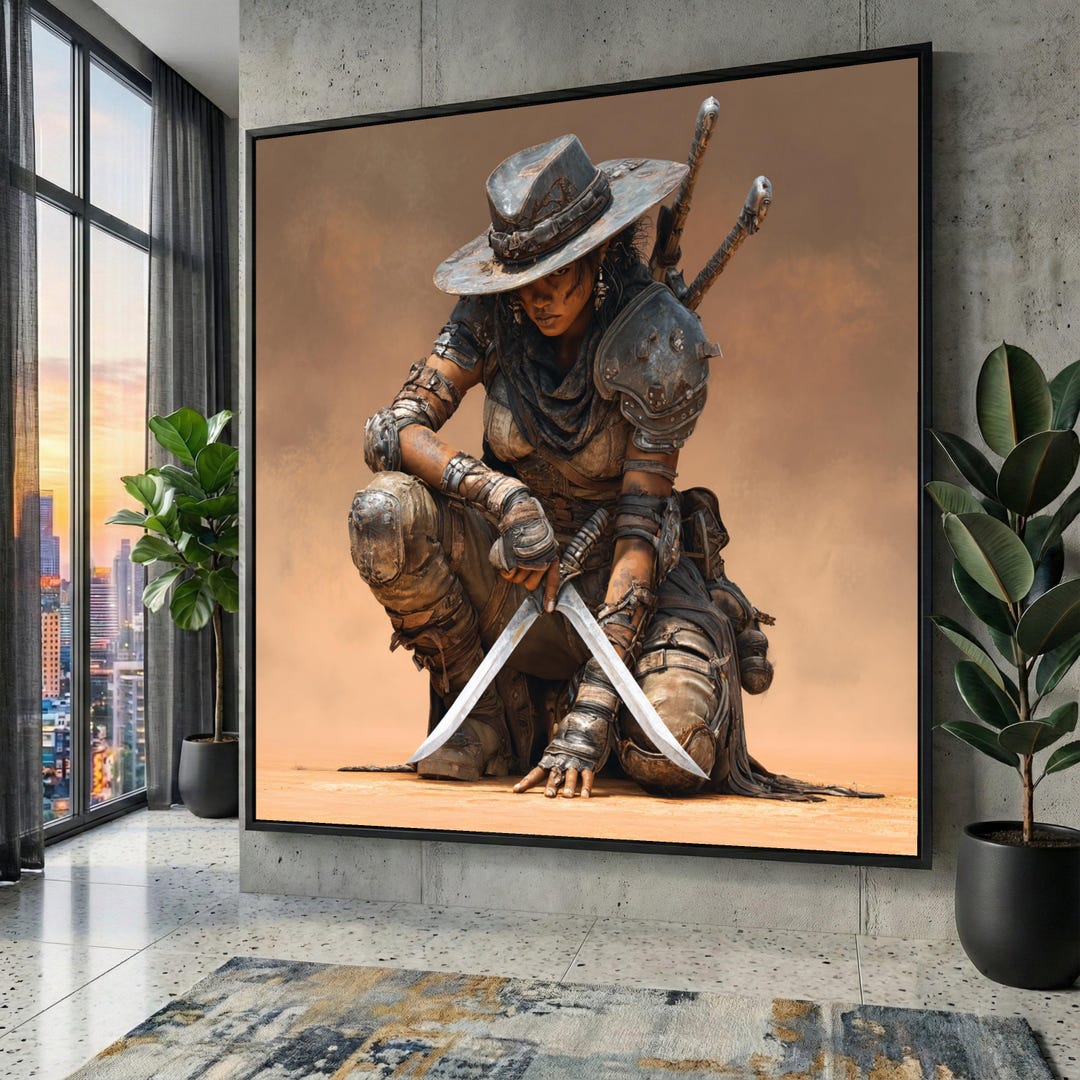 Fierce Desert Warrior Woman Canvas, Post-apocalyptic Art, Ready to