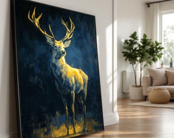 Majestic Stag Canvas Art, Golden Deer Painting, Rustic Home Decor