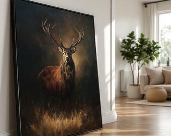 Lienzo de alce majestuoso, pintura rústica de vida silvestre, decoración con astas de ciervo