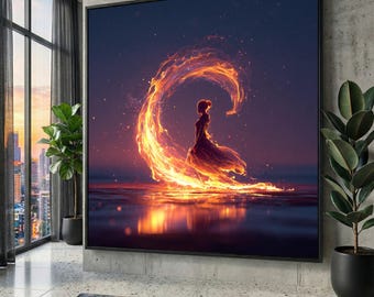 Flame Woman Canvas Print, Abstract Mystical Wall Decor
