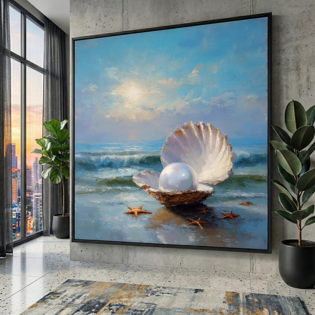 Ocean Pearl Canvas Wall Art, Coastal Seashell Painting, Beach Decor ...