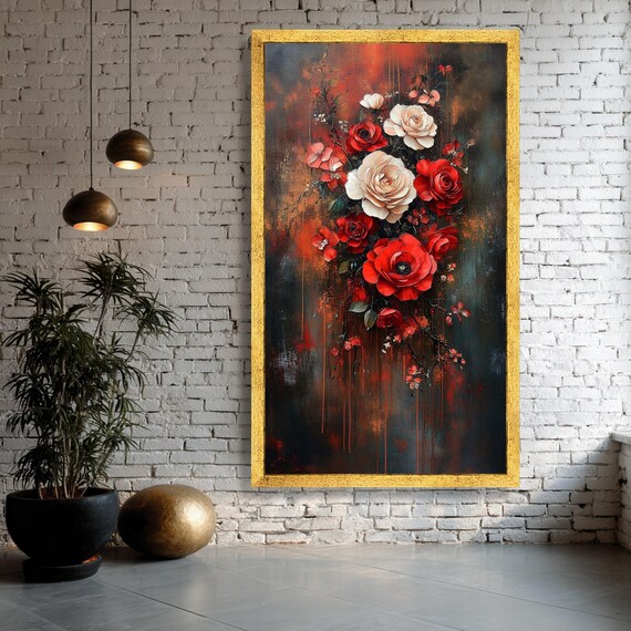 赤と白のバラの花柄キャンバスウォールアート、すぐに掛けられます