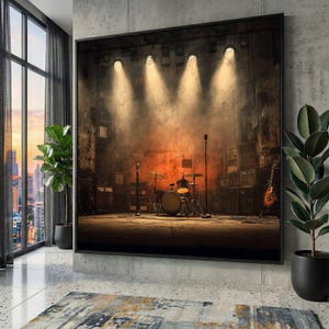Vintage canvas muziekpodium, drumstel kunst aan de muur, retro gitaar en microfoon, concertzaaldecoratie, sfeervolle livemuziek canvas
