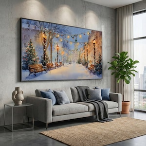 Winter Snowy Street Canvas Print, Holiday Lights Wall Art