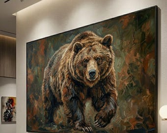 May include: Large framed painting of a brown bear with a detailed fur texture, walking towards the viewer. The artwork uses a palette of browns, greens, and oranges, creating a realistic and textured effect. The painting is displayed on a white wall.