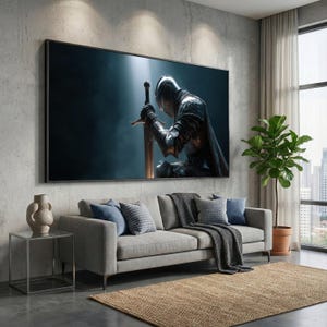 May include: A large framed artwork depicts a knight in shining armor kneeling with a sword. The artwork hangs above a gray sofa with blue pillows and a woven rug. A potted plant and a side table with a vase are also visible.