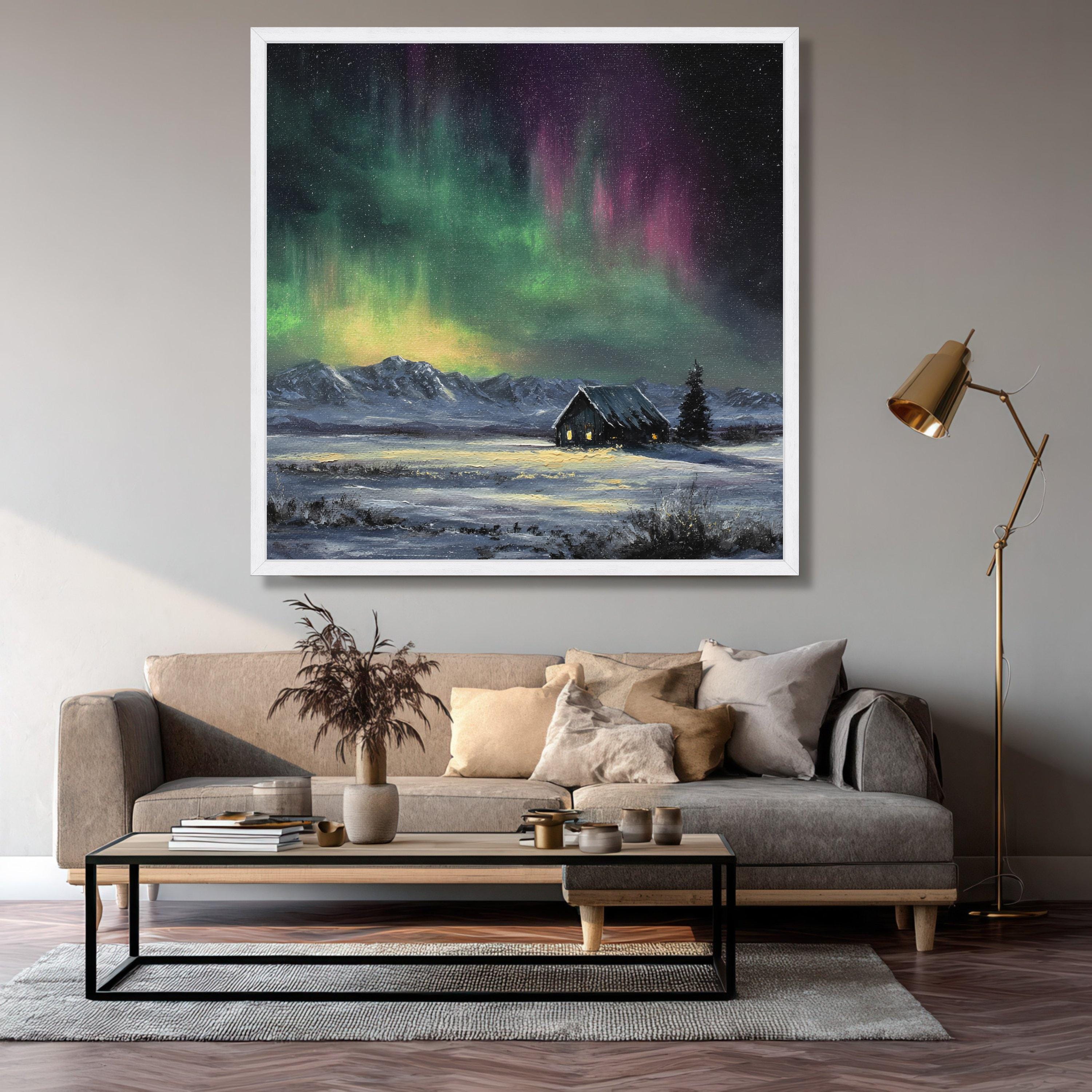 Northern Lights Snowy Cabin Canvas Art, Winter Mountain Landscape