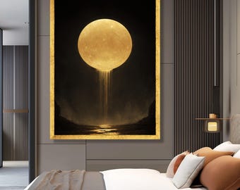 May include: A framed art print featuring a large, golden moon against a dark background. The moon appears to be cascading golden light onto a body of water. The frame is gold, and the artwork is displayed in a bedroom setting.