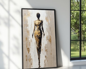 Lienzo abstracto de silueta femenina, arte figurativo dorado y negro