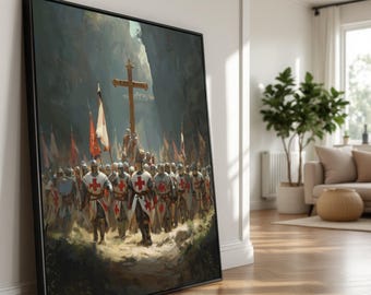 Könnte beinhalten: Gerahmter Kunstdruck, der eine Prozession mittelalterlicher Ritter in Rüstungen zeigt, die Fahnen tragen und auf ein großes Holzkreuz zumarschieren. Das Kunstwerk zeigt eine dramatische, historische Szene mit dunklem, detailliertem Stil, in einer natürlichen Umgebung.