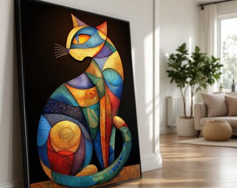 Geometric Cat Canvas, Colorful Abstract Animal Art, Modern Home Decor