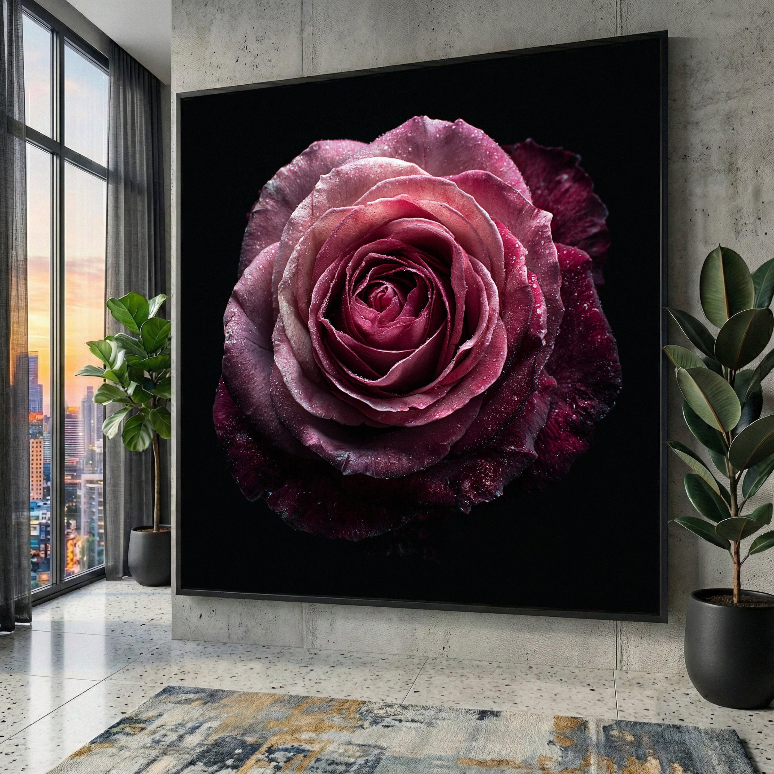rose 水彩画　price down 12800->8800 Dew-kissed Pink Rose Closeup Canvas, Floral Macro Wall Art