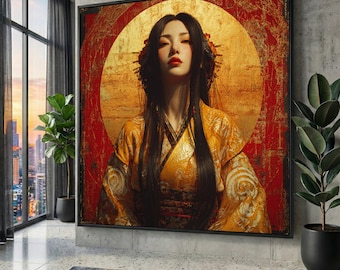 Ritratto di geisha su tela, kimono dorato, arte murale giapponese