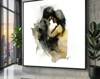 Romantic Couple Watercolor Canvas, Intimate Embrace Art Print