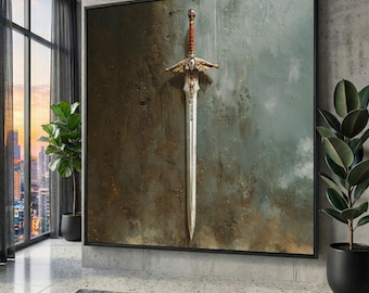 Reich verzierte Mittelalterliche Schwert Leinwand Kunst, Vintage Krieger Kampfklinge Druck, Rustikales Wohndekor