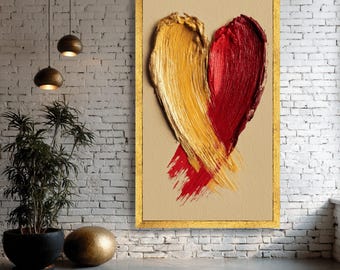 Gold and Red Heart Stroke Canvas, Abstract Romantic Wall Art