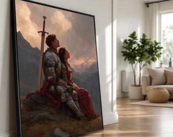 Medieval Knight and Lady Canvas Print, Romantic Mountain Landscape Wall Art