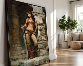 Fierce Warrior Woman Canvas Art, Fantasy Swordfighter Painting, Medieval Heroine Print