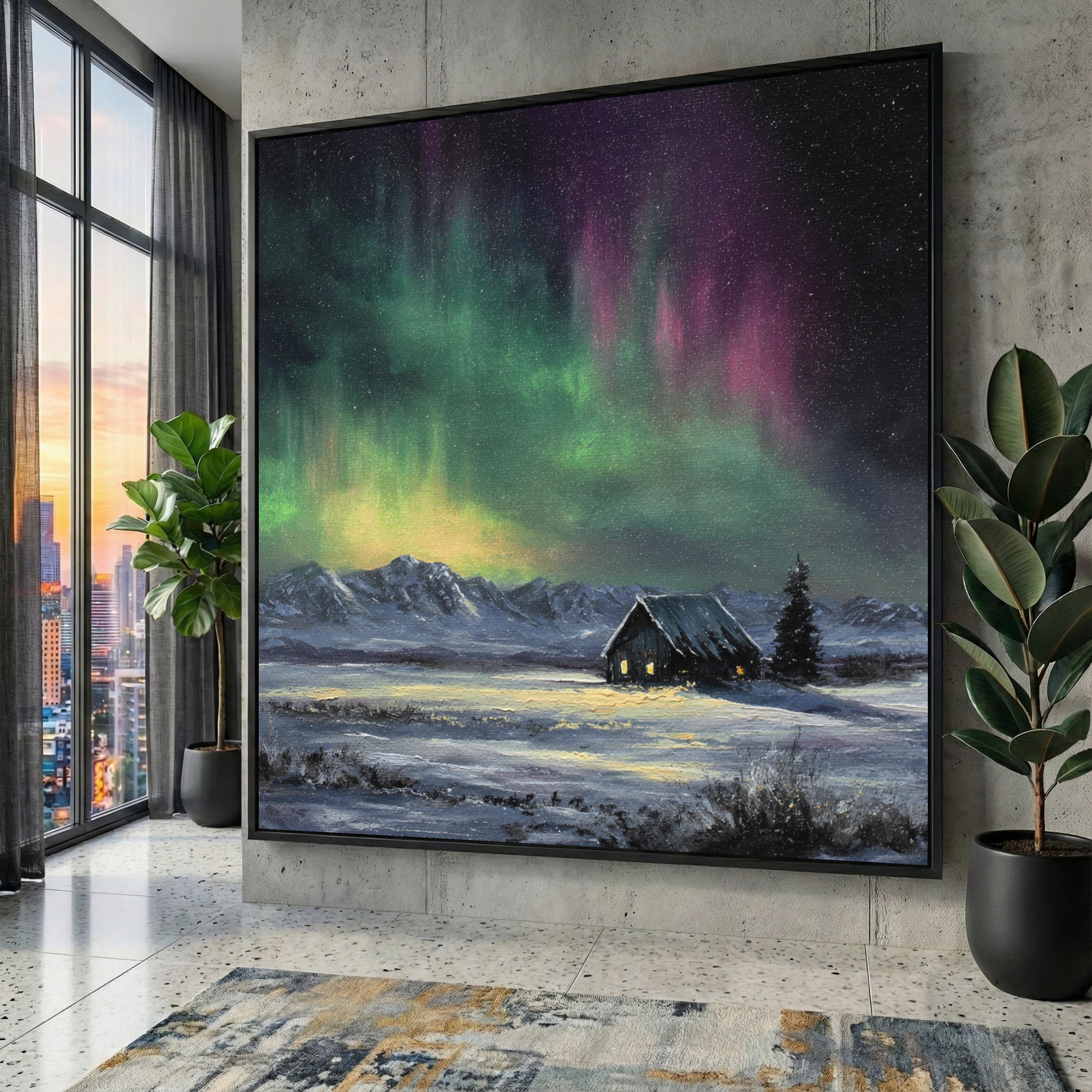 Northern Lights Snowy Cabin Canvas Art, Winter Mountain Landscape