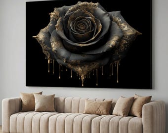 May include: A large canvas art piece featuring a black rose with gold accents. The rose has intricate details and gold dripping effects. The artwork is displayed above a beige sofa with throw pillows, creating a luxurious and elegant aesthetic.