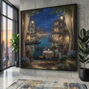 Peut inclure: Une impression sur toile encadrée représentant une scène nocturne d'un canal à Venise, en Italie. L'œuvre présente des bâtiments avec des fenêtres éclairées, un ciel étoilé et une petite table pour deux sur un balcon surplombant l'eau. L'impression est encadrée en noir.