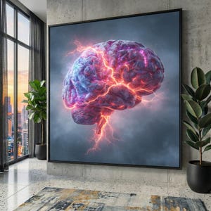 Electric Brain Canvas Wall Art, Neural Energy Lightning Art, Science Illustration Canvas, Futuristic Digital Art, Home Office Decoration