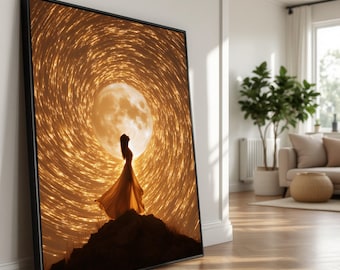 Enchanted Moonlight Woman Canvas, Magical Night Sky Art
